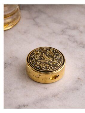 Vintage Gold Pill Box Damascene Bird Trinket Box Small Jewelry Holder Ornate Kee